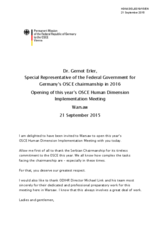 Opening statement by Dr. Gernot Erler, Special Representative of Germany for OSCE Chairmanship 2016