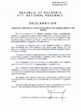 Republic of Bulgaria 41st National Assembly Declaration Against attempts to undermine the ethnic and religious peace in the country