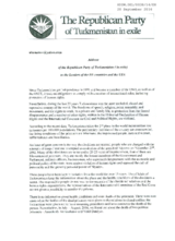 Address of the Republican Party of Turkmenistan (in exile) to the Leaders of the EU countries and the USA