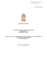 Statement by the Adviser at the Administration for Cooperation for Churches and Religious Communities of the Ministry of Justice Mrs Jovana Rakovic